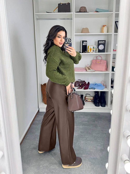 Женские базовые брюки палаццо на резинке из экокожи Шоколад, 54/56 Одесса - изображение 3
