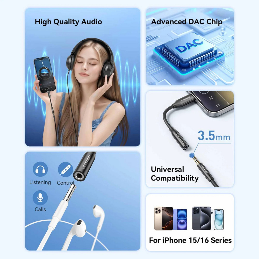 Перехідник USB-C --> аудіо Jack 3.5мм, Aluminum Alloy, чорний Vention Вінниця - фото 7