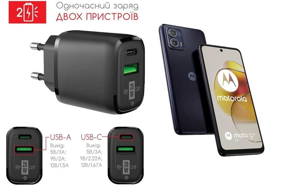 Сетевое зарядное устройство для Motorola Moto G73, G73 5G, 20W 3A, Quick Charge 3.0 Киев - изображение 1