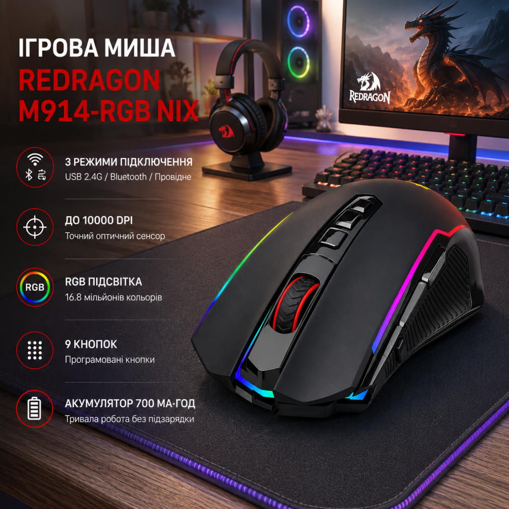 Игровая мышь Redragon M914-RGB NIX Black, 3 режима подключения, до 10000 DPI, RGB, 9 кнопок, аккумулятор 700 мА·ч Киев - изображение 1