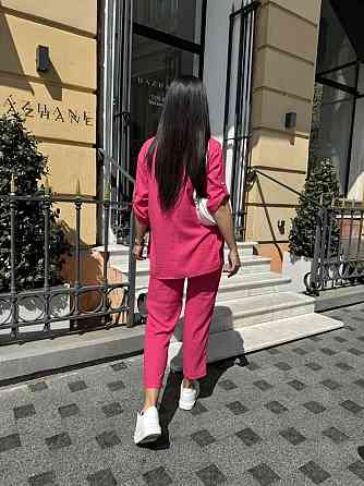 Жіночий легкий прогулянковий костюм-трійка: сорочка майка та штани шовковий креп жатка Малиновий, 40/42 Одеса