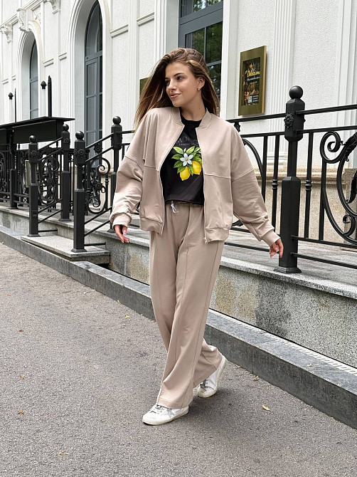 Жіночий костюм оверсайз з широкими штанами з двонитки Бежевий 50/52 Харків - фото 5