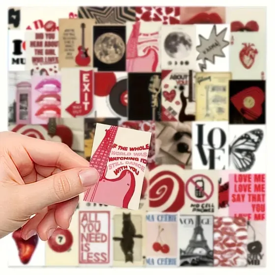 Набор стикеров «Love & Music» – 50 штук, арт и винтажный стиль, Париж, губы, клубника Киев