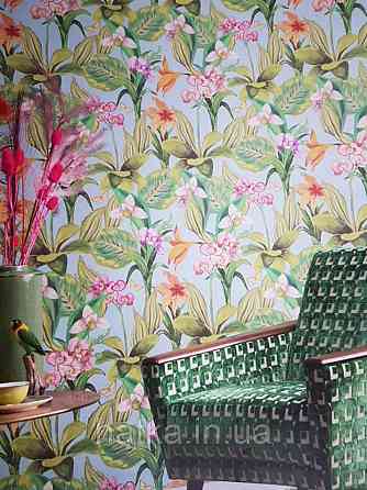 Шпалери вінілові Decoprint Breeze листя метелики квіти орхідеї лілії червоні бузкові на блакитному 0.53х10 м Київ