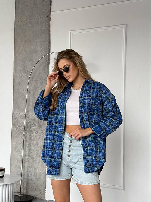 Женская трендовая оверсайз рубашка в клетку коттон варка Синий Одесса - изображение 5