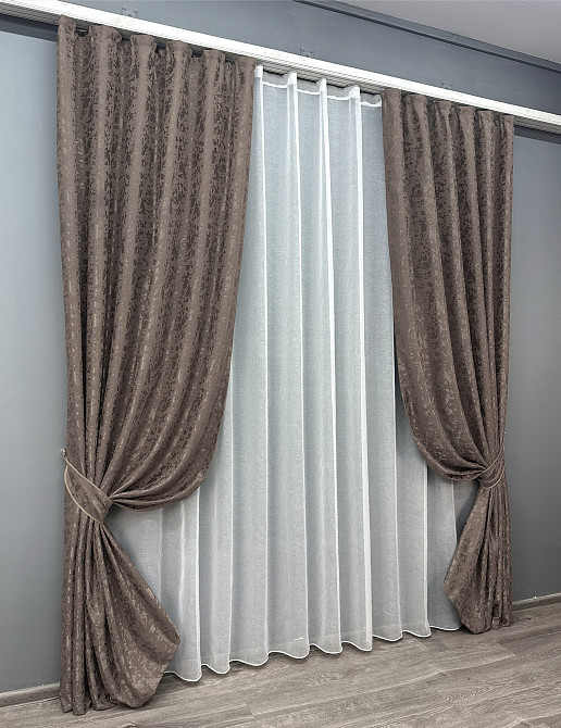 Комплект штор VR-Textil Лен Мрамор 200х270 2шт и Тюль 600х270 1718ш-1276т Какао с белым 71-014/7 Киев - изображение 2