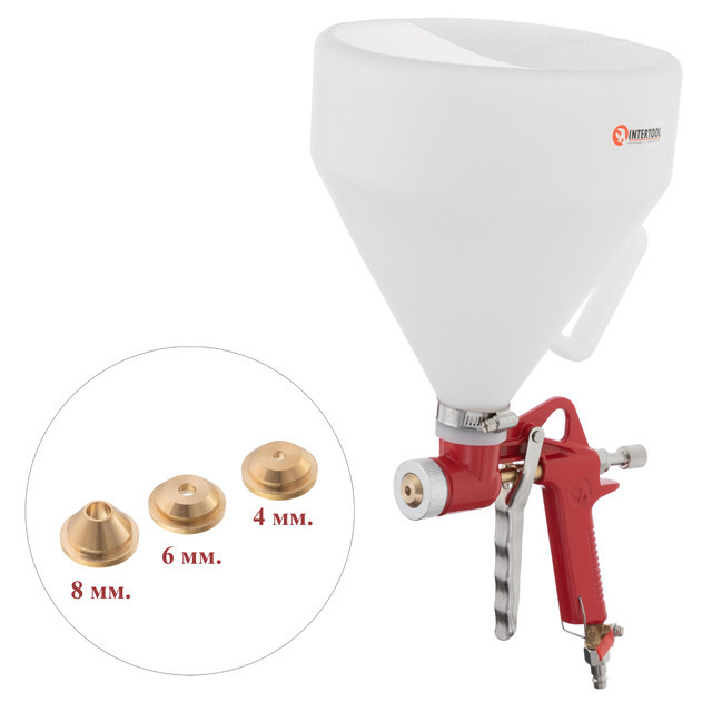 Розпилювач штукатурний пневматичний, форсунки: 4, 6, 8 мм, верхній пластиковий бачок, 7000 мл, 3-6 атм INTERTOOL PT-0402 Київ - фото 1