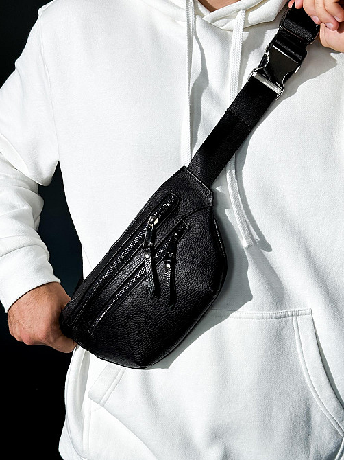 Бананка із натуральної шкіри, шкіряна сумка на пояс SKILL Two Line (Чорна) Суми - фото 3