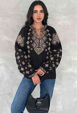 Жіноча сучасна вишиванка з об'ємним рукавом домотканий льон Чорний, 46 Одеса