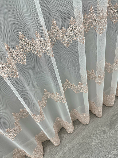 Тюль VR-Textil 1469т Грек-сетка с вышивкой Молочный с пудровым 300х270 см (40-004) Киев - изображение 8