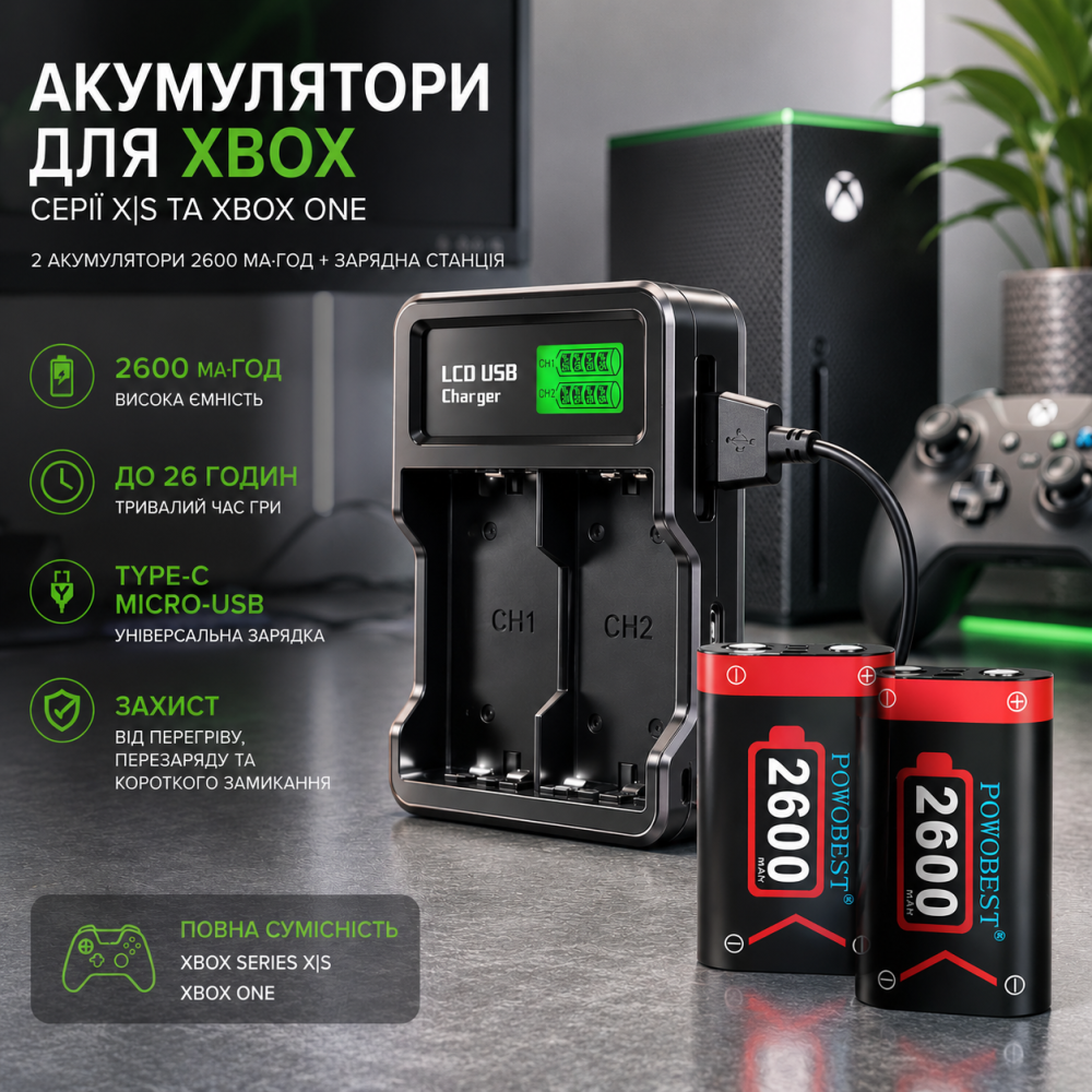 Акумулятори для контролера Xbox Series X/S та Xbox One 2×2600 мА·год із зарядною станцією | Type-C, Micro-USB, до 26 годин гри Київ - фото 8