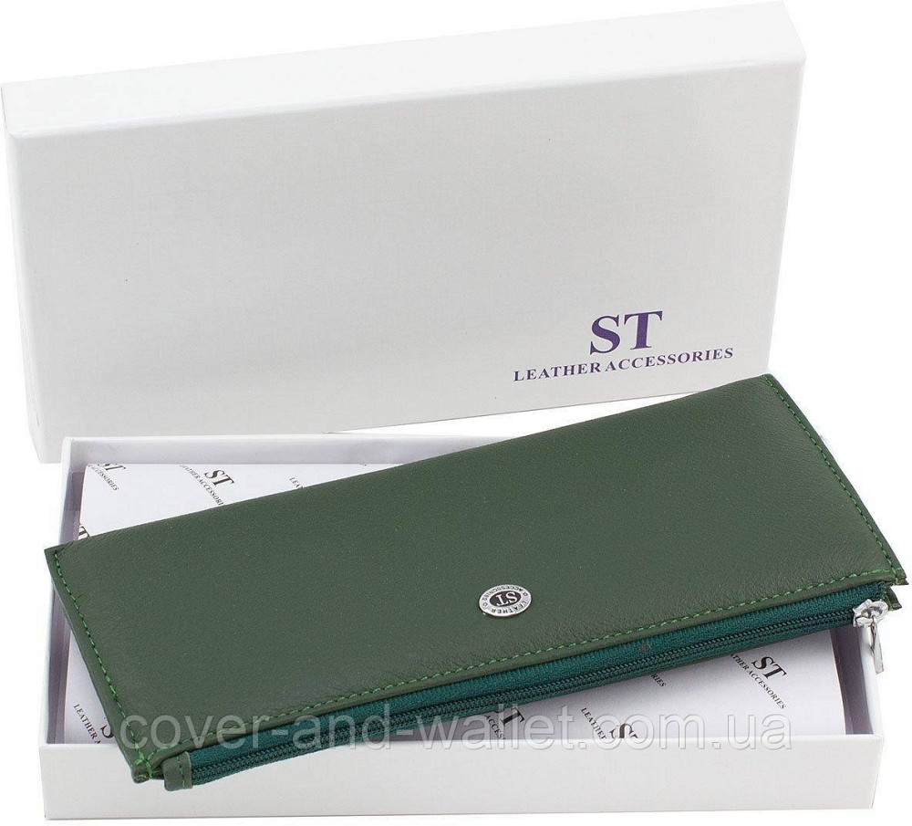 Ультратонкий жіночий гаманець на блискавці з натуральної шкіри зеленого кольору ST Leather Київ - фото 20
