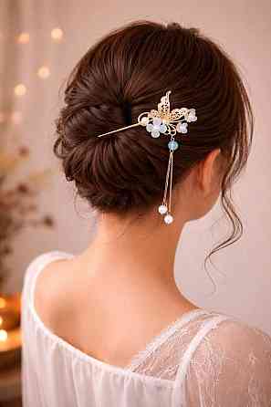 Шпилька для волос с бабочкой и жемчугом, декоративная палочка для волос с подвесками 16,5 см Киев
