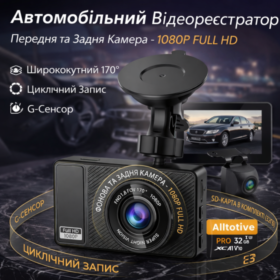 Автомобільний відеореєстратор Altotive E3 Dual: 1080P Full HD, 2 камери, кут 170°, G-сенсор, Нічне бачення + SD-карта 32 ГБ Київ