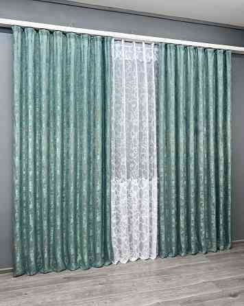 Комплект штор VR-Textil Жакард Мармур 100х270 2шт і Тюль 300х270 1292ш-1529т Бірюзовий з білим 71-185/1 Київ