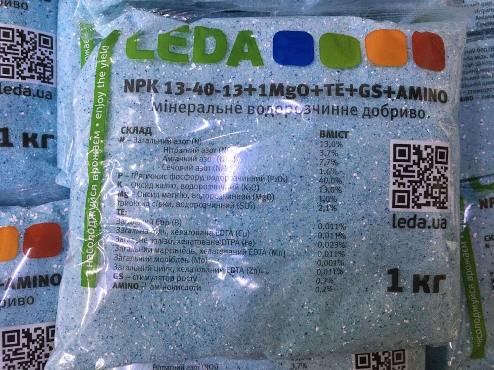 LEDA мінеральне водорозчинне добриво NPK 13-40-13 + 1MgO + мікроелементи + амінокислоти, 1 кг Київ - фото 1