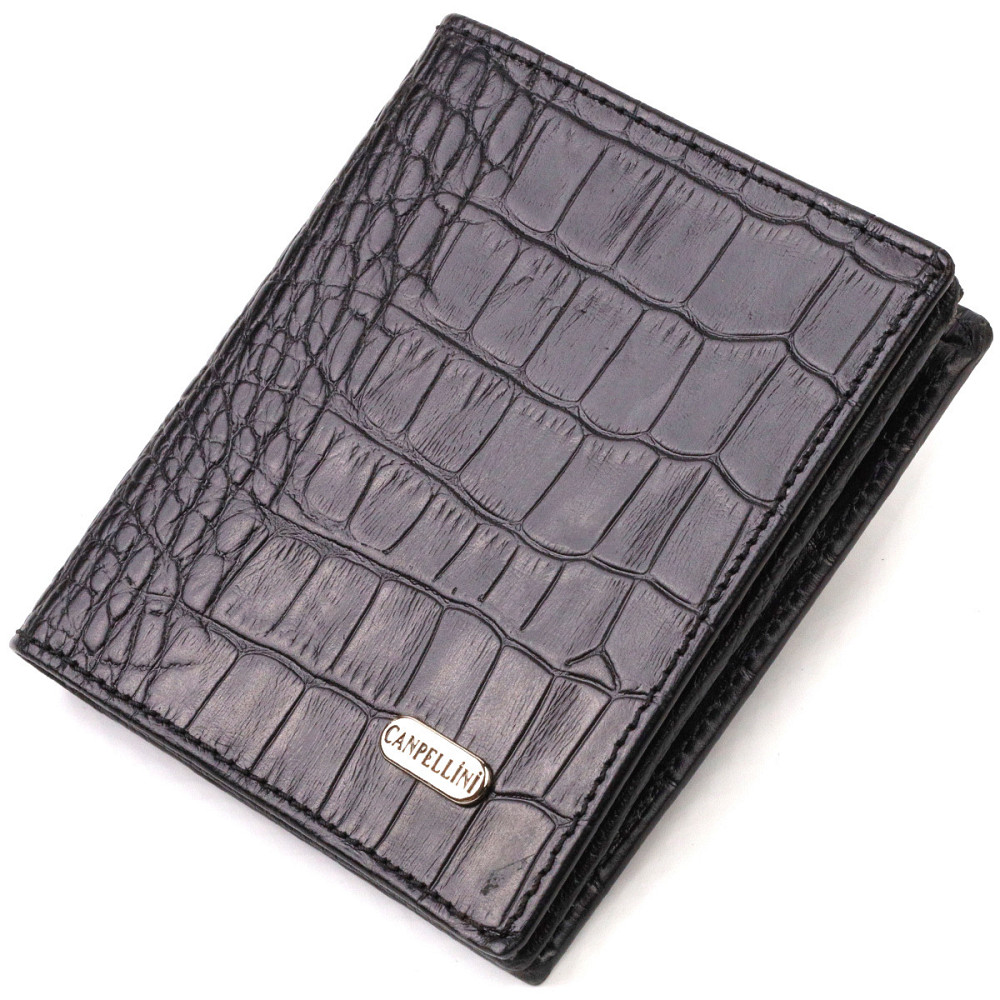 Небольшое кожаное портмоне для мужчин с тиснением под крокодила Черное (CANPELLINI) Киев - изображение 5
