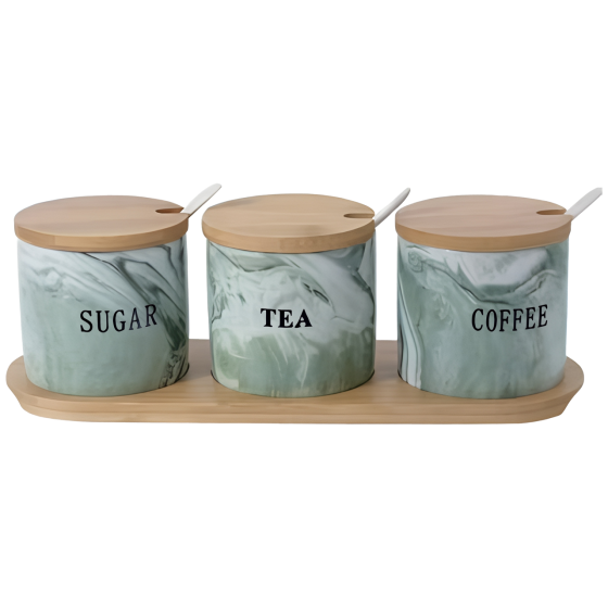 Набір керамічних банок для сипучих продуктів на підставці (3 шт.) Зелений мармур SCT-661 Коломыя