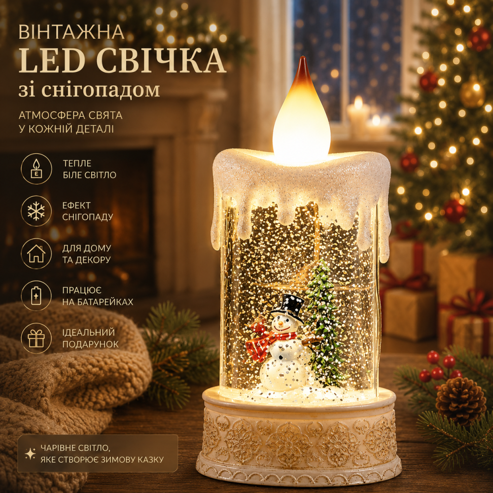 Вінтажна LED свічка зі снігопадом, декоративний різдвяний ліхтар зі сніговиком, тепле біле світло, на батарейках, новорічний декор Київ - фото 11