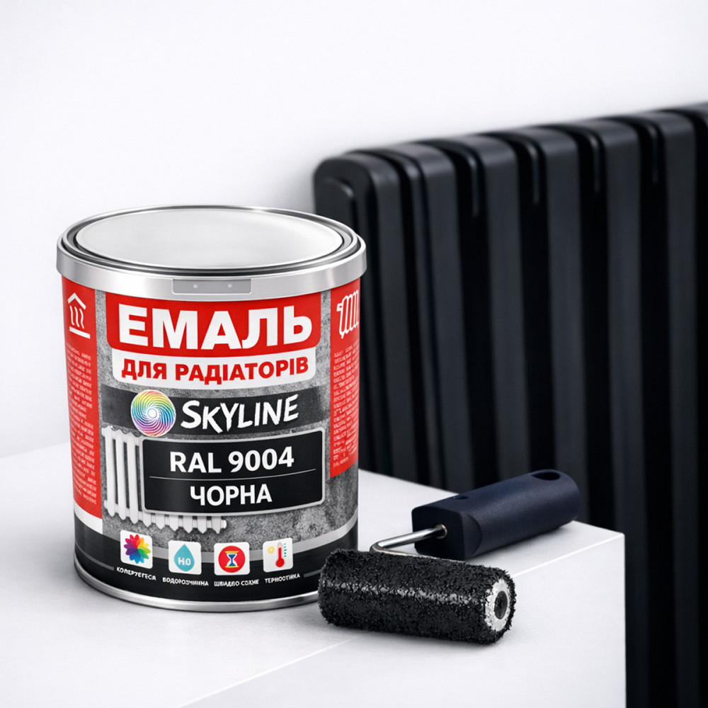 Акрилова емаль для радіаторів і труб опалення SkyLine, глянцева, термостійка, без запаху, чорна, 750 мл Харків - фото 1