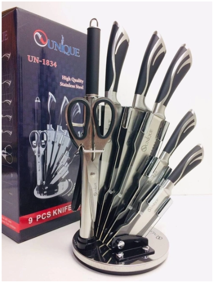 Набор кухонных ножей UNIQUE UN-1834 с подставкой 8 предметов: поварской, хлебный, овощной ножи из нержавеющей Одесса - изображение 1