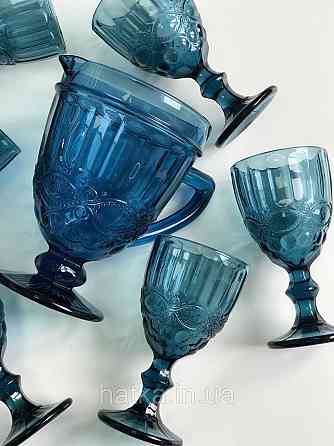 Набір для напоїв 7 предметів 6 шт. келихів + графин 1 л «Вінтаж» 300 мл синій Київ