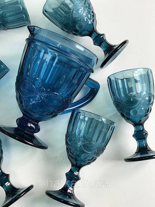 Набір для напоїв 7 предметів 6 шт. келихів + графин 1 л «Вінтаж» 300 мл синій Київ - фото 2