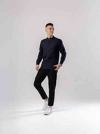 Рубашка из льна мужская синяя однотонная синяя. Рубашка casual на пуговицах синяя Pobedov Exlnt Киев