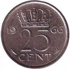 Монета 25 центов. 1966 год, Нидерланды. Полтава