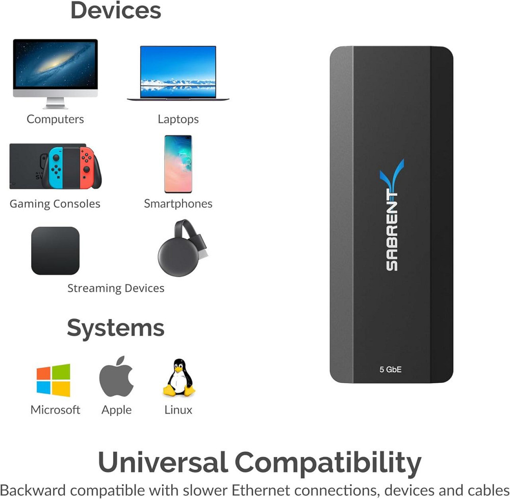 Адаптер мережевий Sabrent USB Ethernet 5 Gbps для інтернету, інтернет-адаптер на RJ45 гігабітний, USB-C/USB-A чорний Київ - фото 5