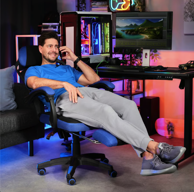 Геймерское компьютерное кресло черное с синим Sporte для дома, игровое кресло с выдвижной подставкой для ног Киев - изображение 7