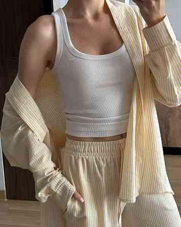 Женский стильный повседневный костм двойка лен- коттон полоска Желтый, 42/46 Одесса