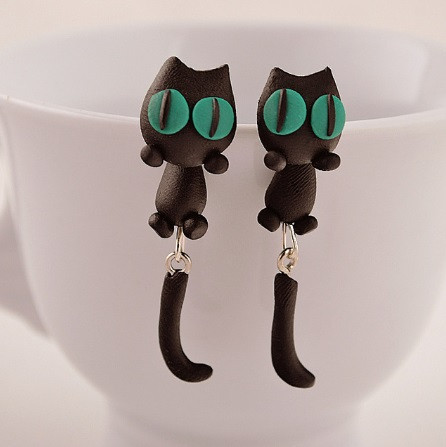 Серьги с котами с зелеными глазами