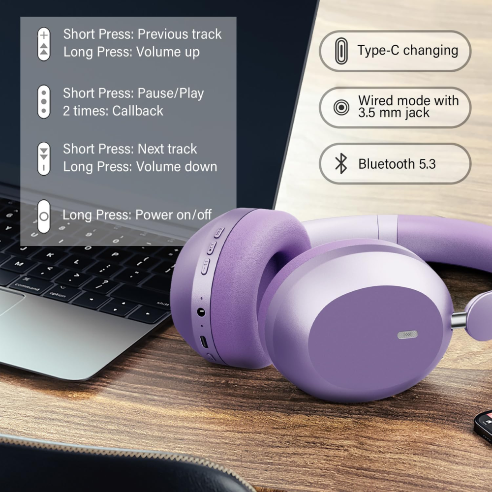 Бездротові навушники Y05 Bluetooth 5.3 з активним шумозаглушенням ANC, до 48 годин, 40 мм, мікрофон, AUX 3.5 мм, фіолетові Київ - фото 9