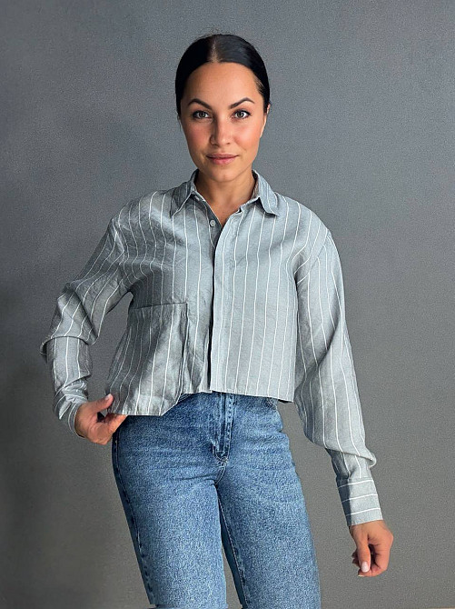 Сорочка жіноча Mix Ray 4447 укорочена з кишенею у тонку смужку сіра, сірий, S Київ - фото 12