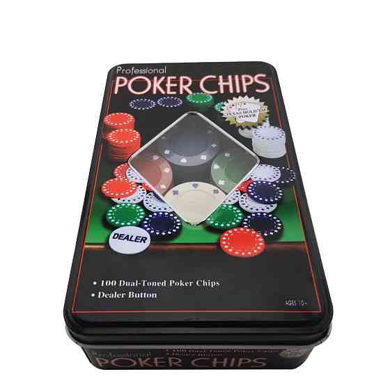 Набір фішок для покеру 100шт з номіналом та фішкою дилера в металевій коробці для гри вдома Київ