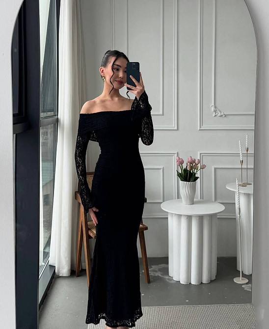 Жіноче романтичне мереживне плаття зі спущеними плечима гіпюр + підкладка Чорний, 42/44 Одеса - фото 1