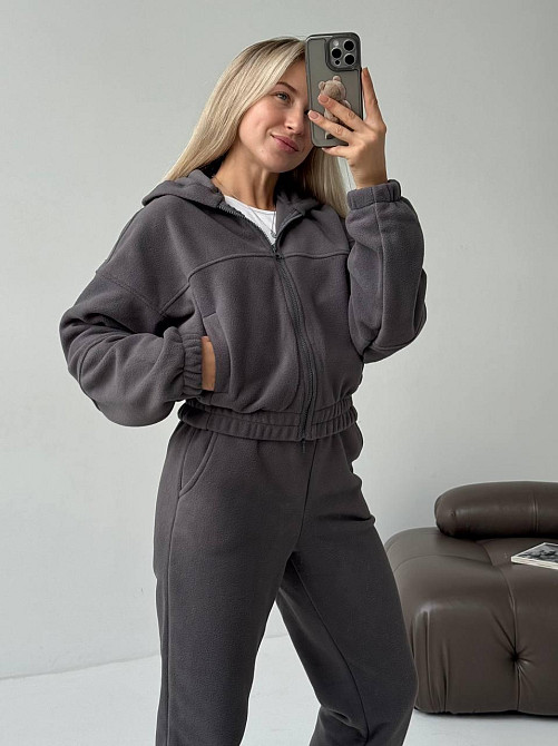 Женский повседневный теплый костюм на молнии с поларом флиса Графит, 46/48 Одесса - изображение 6