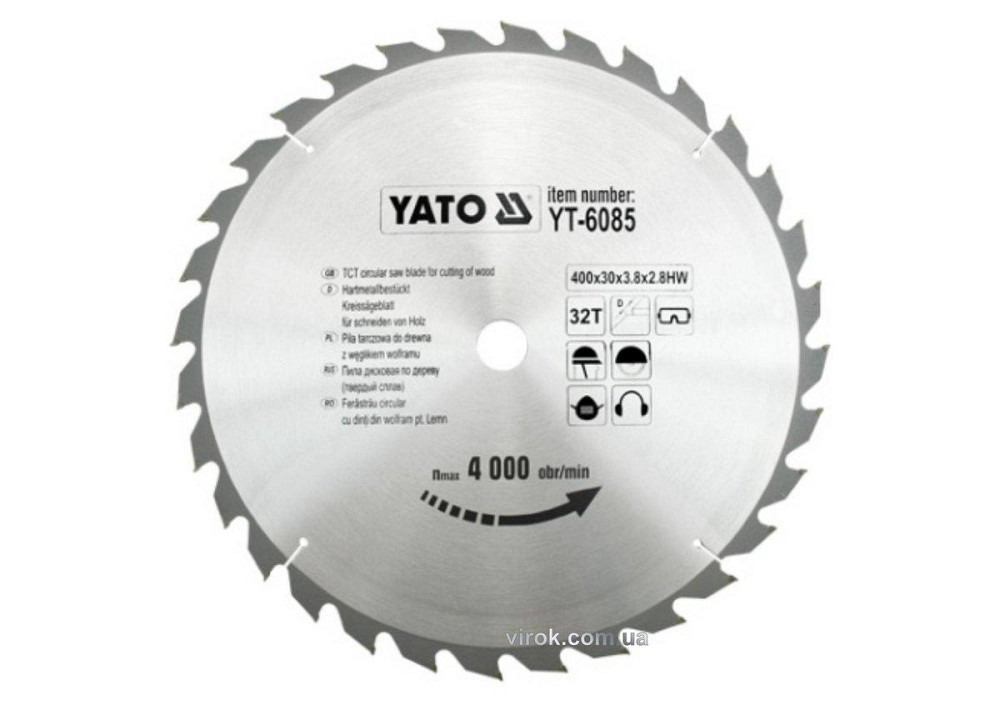 Диск пиляльний победітовий по дереву YATO: 400х30x3.8x2.8 мм, 32 зубці, R.P.M до 4000 1/хв [10] Одеса - фото 1