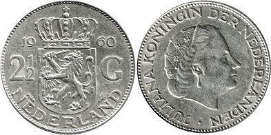 Монета Нідерланди 2,5 гульдена 1960,61 г. сріблом Полтава - фото 1