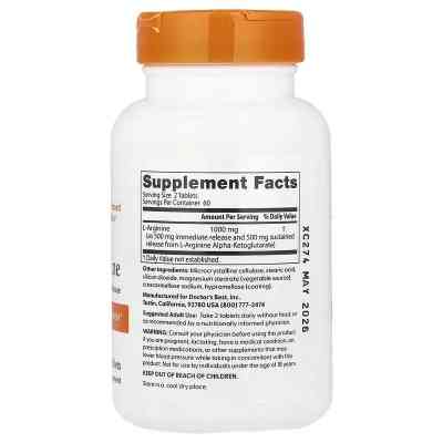 Вітамінно-мінеральний комплекс Doctor&apos;s Best L-Аргінін, 500 мг у кожній, L-Arginine 1000, 120 таблеток (DRB-00200) Вінниця