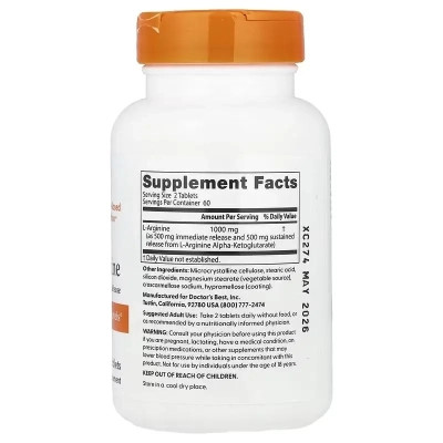 Витаминно-минеральный комплекс Doctor's Best L-Аргинин, 500 мг в каждой, L-Arginine 1000, 120 таблеток (DRB-00200) Винница - изображение 2