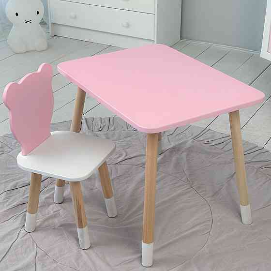 Стіл прямий 46х60х45 і стілець мордочка медведика 26х26х24, столик та стільчик для дівчинки, рожевий з білим Київ