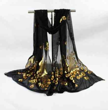 Женский шарф с Павлинами 160 на 43 см черный Киев