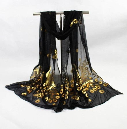Женский шарф с Павлинами 160 на 43 см черный Киев - изображение 1