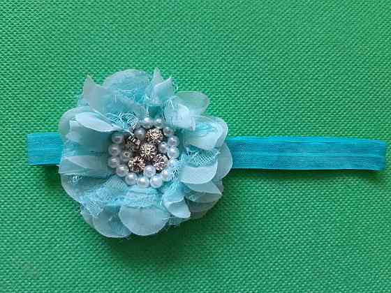 Детская повязка с жемчугом светло-голубая - размер цветка 8см, размер универсальный (на резинке) Киев