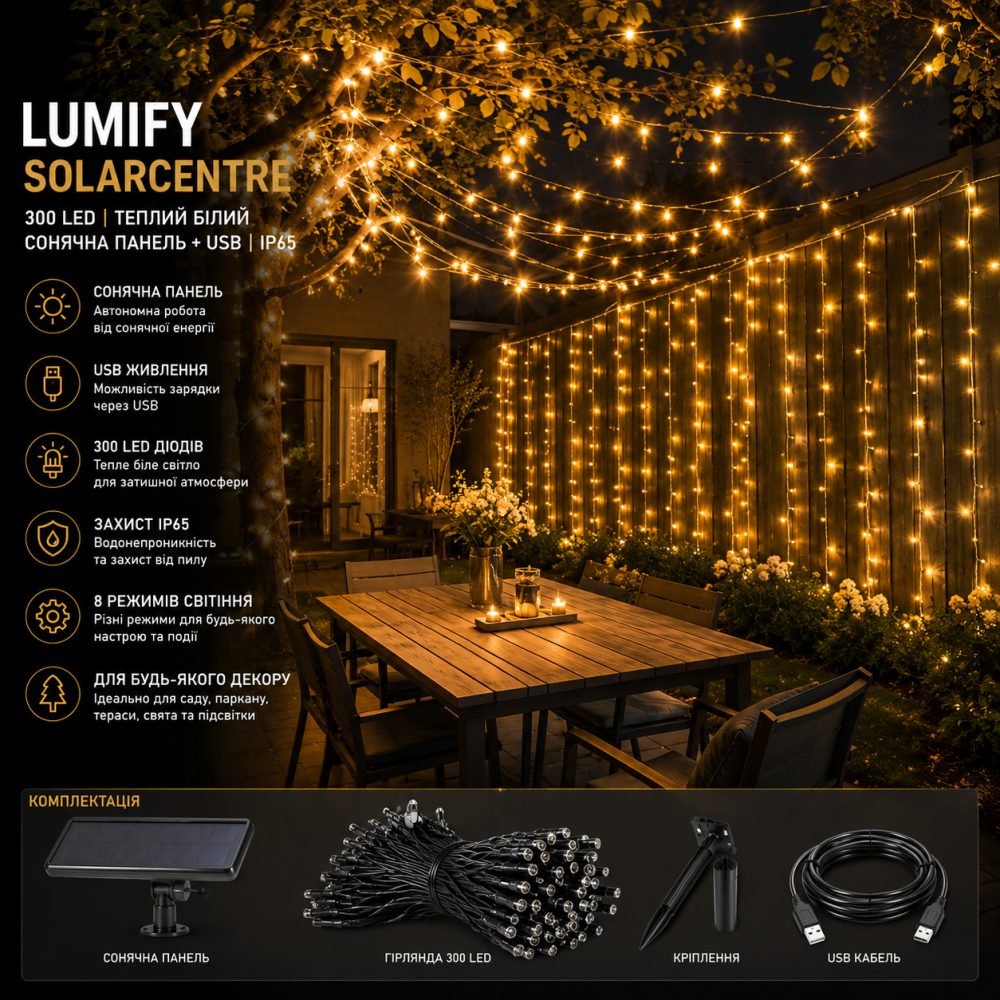 Вулична гірлянда Lumify SolarCentre 300 LED, теплий білий, сонячна панель + USB, IP65 Київ - фото 9