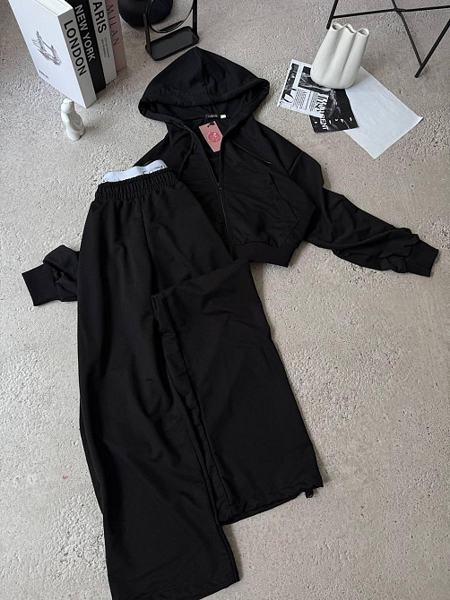 Жіночий прогулянковий костюм-двійка: кофта на блискавці та штани двонитка люкс + турецька рибана Чорний, 46/48 Одеса - фото 1