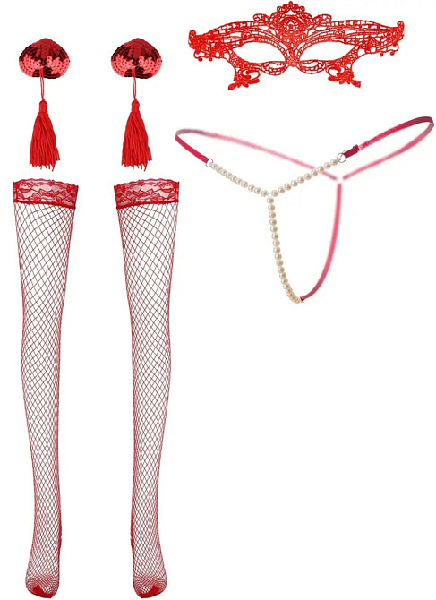 Эротический комплект нижнего белья чулки стикини маска трусы one size красный Киев - изображение 1