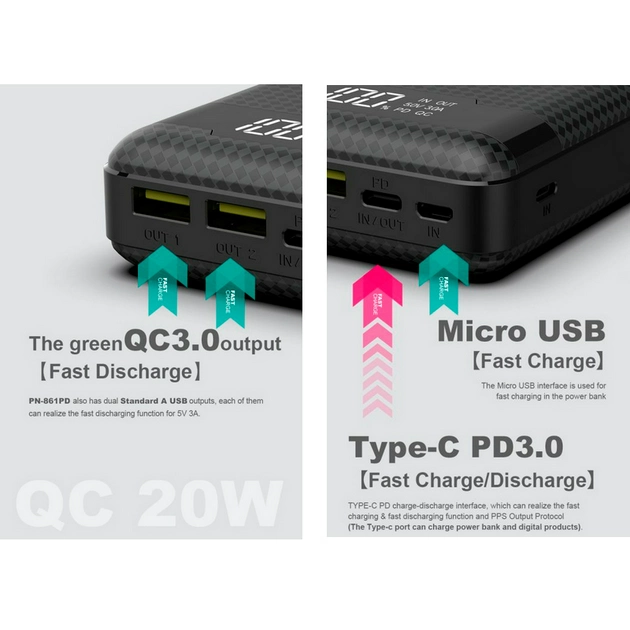 Портативный внешний аккумулятор Pineng PN-861 20000 mAh Power Bank Черный Винница - изображение 6